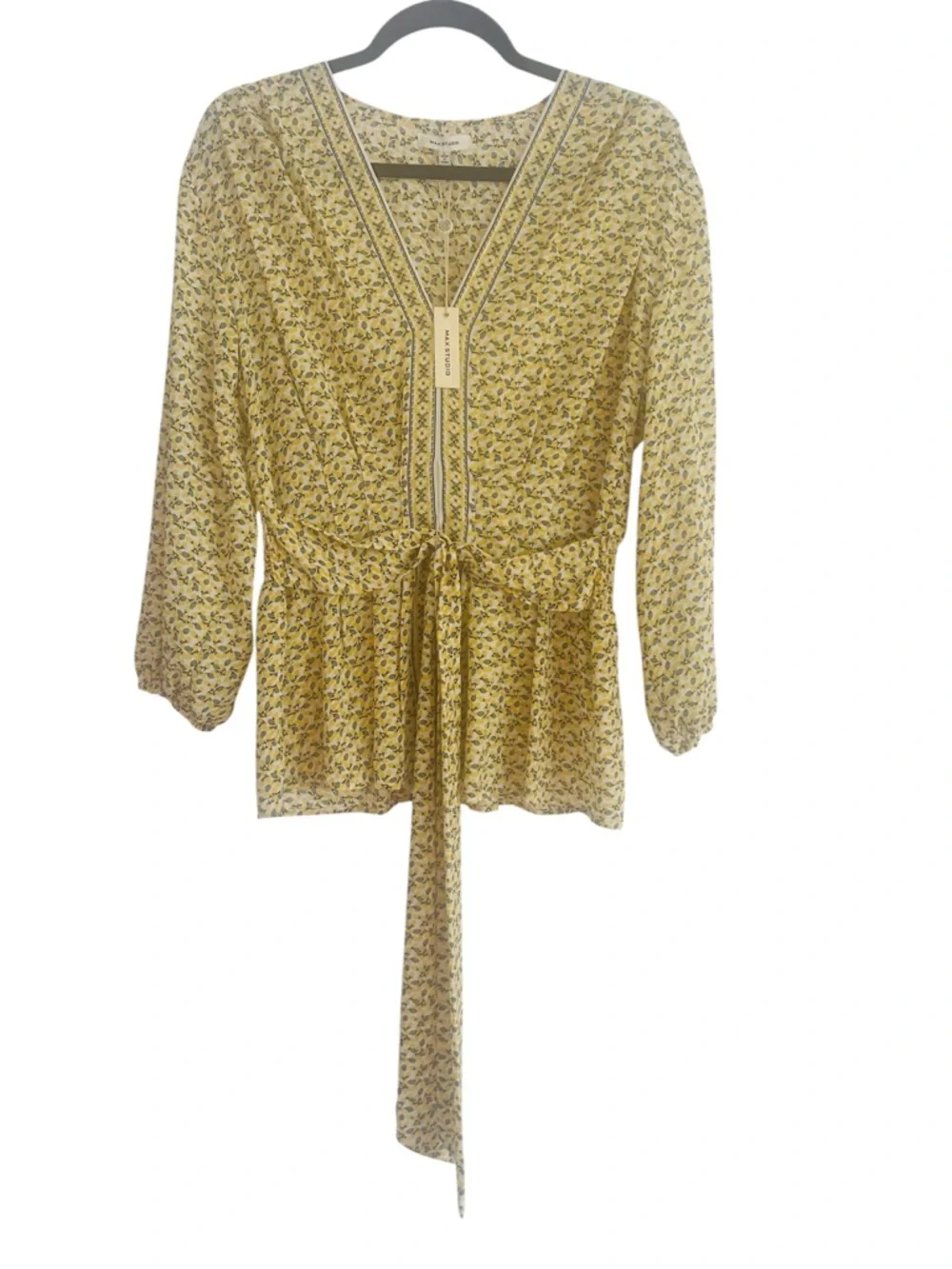 Max Studio Yellow Floral V-Neck Tie-Front Blouse - Picture 1 of 8